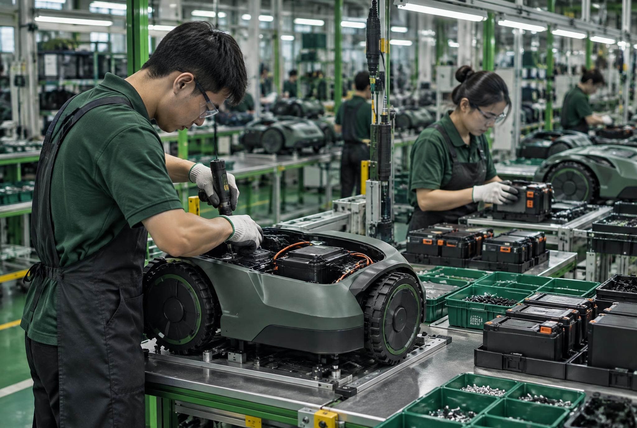 Robotic lawn mower assembly line in a partner factory