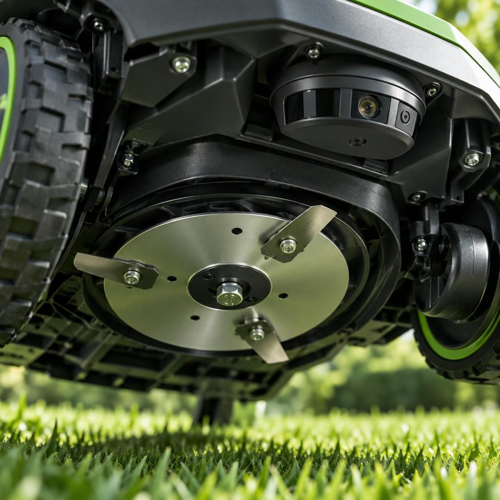 Close-up of a robotic lawn mower navigation sensor module