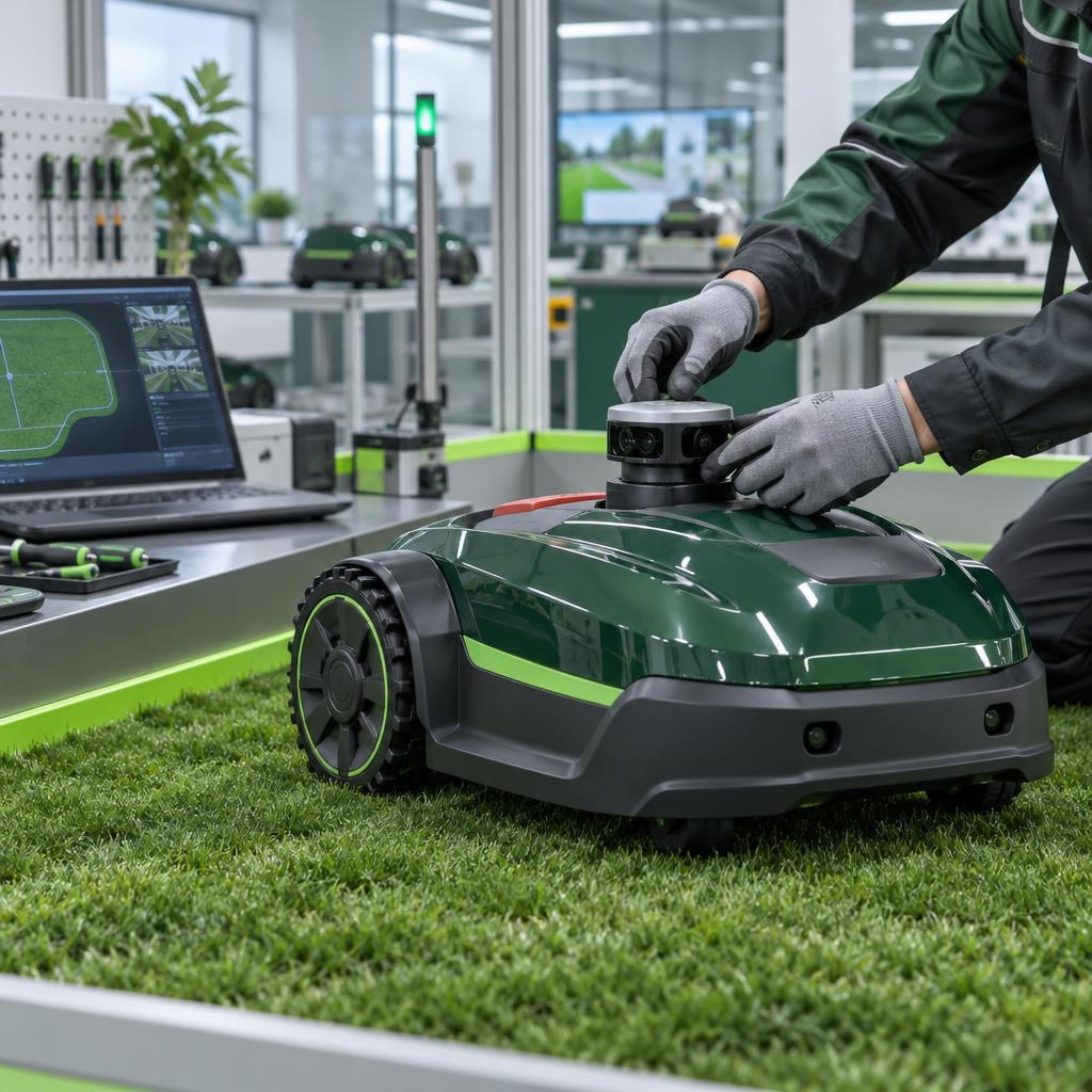 Robotic lawn mower function testing on a production line
